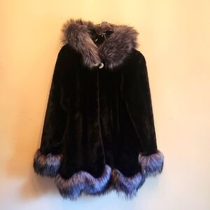 Elegant Black Faux Fur Hooded Cape Coat with Gray Fur Trim